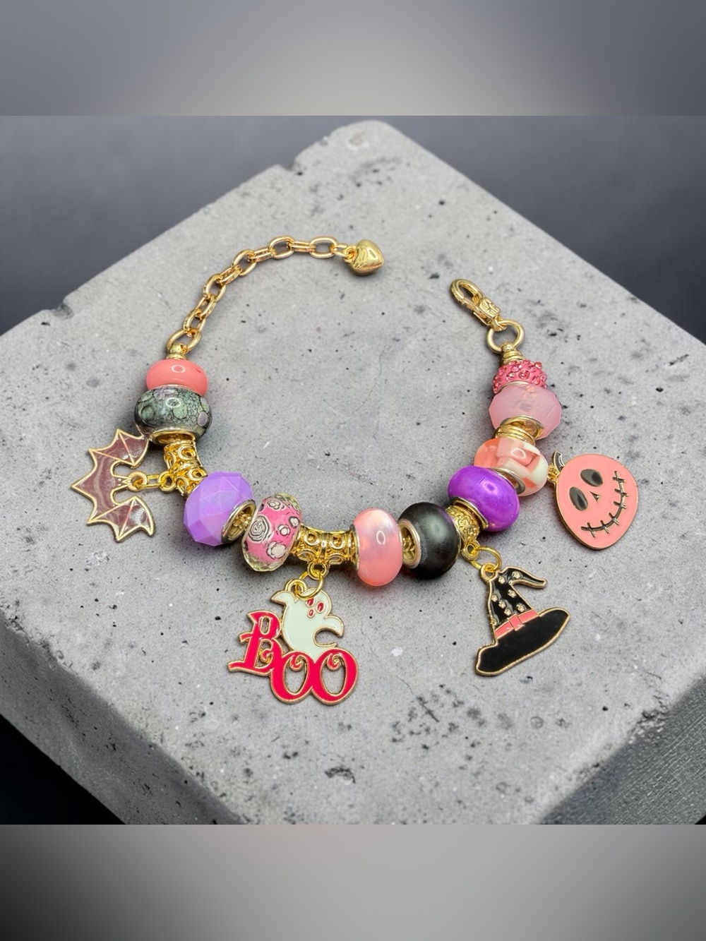 Handmade Halloween Charm Bracelet “Ghoul Friend”Line in Pink Purple Black